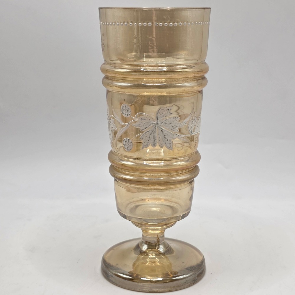 Vase Amber Glass Hand Painted Enamel Grape‎ Leaf Footed Chalice Antique Bohemian